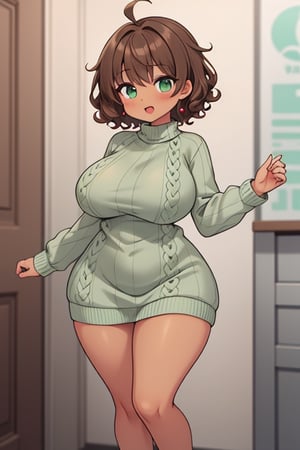 Solo girl, brown short curly hair, tan skin, mint green sweater dress, breasts, curvy_figure
