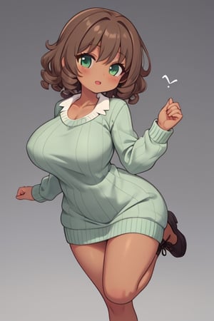 Solo girl, brown short curly hair, tan skin, mint green sweater dress, breasts, curvy_figure, leg_spread