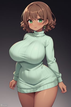 Solo girl, brown short curly hair, tan skin, mint green sweater dress, breasts, curvy_figure