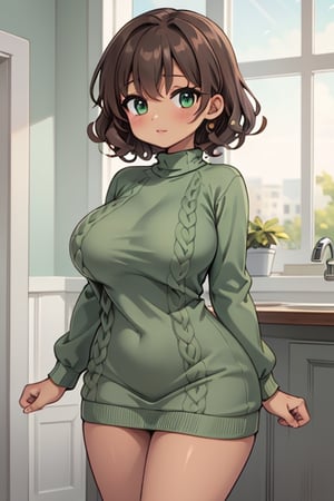 Solo girl, brown short curly hair, tan skin, mint green sweater dress, breasts, curvy_figure