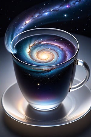 A stunning, realistic depiction of a galaxy unfolding within the curves of a transparent cup, viewed from directly above. The celestial bodies swirl together in a mesmerizing dance, illuminated by soft, ambient lighting that casts a gentle glow on the surrounding surface. Delicate wisps of steam rise from the cup's rim, subtly hinting at the warmth and tranquility of the scene.