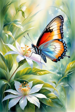 Willem Haenraets-inspired Impressionistic scene: Soft focus on a delicate butterfly perched on a velvety petal, iridescent wings shimmering in warm sunlight. Jody Bergsma and Megan Duncanson's brushstrokes capture the tender moment, gentle subject pose conveying serenity amidst lush green foliage and dreamy background blur.