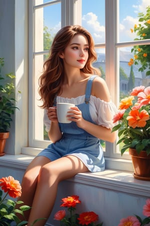 Oil painting, girl leaning against the window sill, resting her chin on the window and looking out the window, wide open window, (outside the window, various flowers are blooming in the flower bed), very delicate and soft lighting, details, Ultra HD, 8k, animated film, girl , holding a coffee cup, sitting on the window sill, holding a cup in both hands, shaking legs,