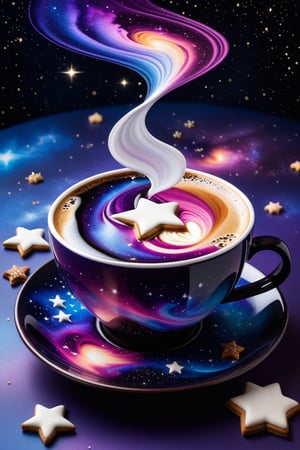 enchanting scene, a steaming cup of coffee, the liquid within the cup forms a swirling cosmic galaxy, The coffee surface is a mesmerizing mix of deep purples and blues and pinks dotted with stars and nebulae, fit the vastness of space inside the cup, The cup rests on a saucer that reflects the celestial patterns, surrounded by tiny star-shaped cookies and cosmic-themed decorations, The atmosphere is magical and dreamy,

