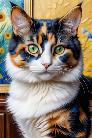 amazing quality, masterpiece, best quality, hyper detailed, ultra detailed, ((A calico cat  in van Gogh style,)) extremely detailed, Oil painting style,v0ng44g