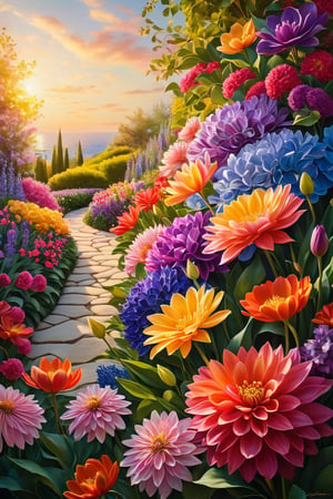 A vibrant, surreal-realistic masterpiece captures the essence of a joyful holiday in spring. In the foreground, raised sculptural forms with contrasting textures rise from a bed of lush flowers, their petals unfolding like tiny works of art. Soft, warm light bathes the scene, casting no shadows to disrupt the sense of euphoria. The entire composition is framed by an abundance of colorful blooms, filling the canvas with an explosion of beauty and happiness.
