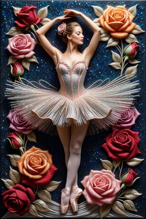 ultra high image quality, 16k DSC DCI HDR10+, Rob Scott's rendering of Jody Bergsma-style glass sculpture, vibrantly colored roses mirroring the gentle tapestry of a ballerina's gracefully twisted movements, crafted on a highly textured canvas, esao andrews dress style, highlighted by the contrasting rigidity of an Elba Damast and aluminum structure, ferrying the onlooker between the boundaries of reality and fantasy, color splash, glass texture, ballerina poise, flower entwined.crafted on a highly textured canvas, esao andrews dress style, highlighted by the contrasting rigidity of an Elba Damast and aluminum structure, ferrying the onlooker between the boundaries of reality and fantasy, color splash, glass texture, ballerina poise, flower entwined.,glitter