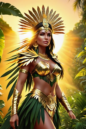 Aztec princess, sun-infused eyes gasing through foliage, draped in intricate, natural-fabric attire with sun aztec motifs, captured in a 3/4 dynamic turn from a rear perspective, the budding jungle at sinrise forming an elaborate tableau, sunrise casting diffuse golden light, octane rendering, ultra fine, highly detailed