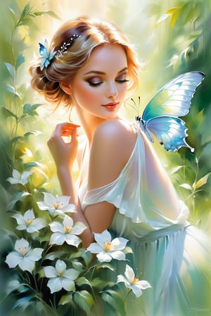 Willem Haenraets-inspired Impressionistic scene: Soft focus on a delicate butterfly perched on a velvety petal, iridescent wings shimmering in warm sunlight. Jody Bergsma and Megan Duncanson's brushstrokes capture the tender moment, gentle subject pose conveying serenity amidst lush green foliage and dreamy background blur.