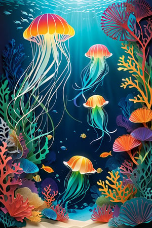 Vibrant Ocean Realm: A stunning paper cutting scene depicts an underwater world teeming with life. Against a gradient blue background, transitioning from dark to light, coral reefs burst forth in shades of turquoise and green, home to schools of fish in iridescent scales. Delicate sea fans sway, while curious seahorses peer out amidst intricately cut seaweed. The ocean floor comes alive with a rainbow of paper-cut jellyfish, their translucent bodies glowing like lanterns. As the scene unfolds, an angelfish poses regally, its fins shimmering like jewels. The composition is dynamic, with elements arranged to evoke a sense of movement and energy, immersing the viewer in this enchanted underwater world.