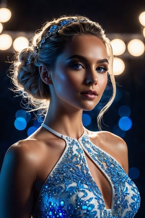 Headshot, 

Woman standing in darkness, 

extremely beautiful face, 

blue fractal particles, 

white-blue colour scheme, 

glitter accents on figure, 

haute couture dress, 

details and bright colours, 

white and blue lighting, 

bokeh art germ, 

glass body, 

blue and white and silver, 

gif glitter, 

clear, 

smooth, 

gorgeous, 

stunning, 

face focused, 

looking infront, 

ultra realistic, 

highly detailed masterpiece, 

16k RAW, 

HDR10+, 

award winning digital work,more detail XL