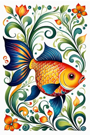 A beautiful goldfish, uderwater world,  in the style of Edward Tingatinga, in a whimsical folk art style with vivid colors, white background, Xxmix_Catecat