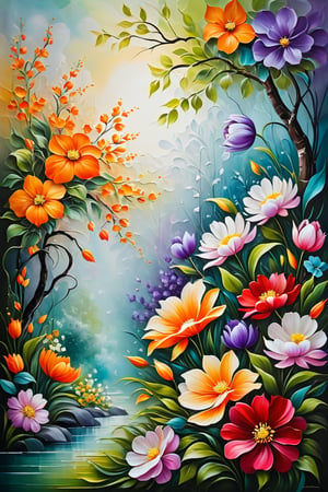 the best aesthetically pleasing image with lush flowers result, 

Holiday of spring, 

surreal realistic painting, 

raised sculptural contrasting texture, 

perfect beautiful masterpiece of joyful mood, 

hd