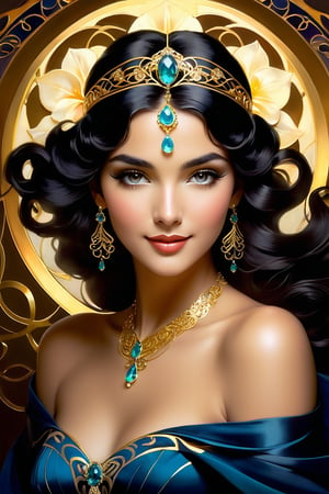 A beautiful Princess sits enigmatically, dark wavy hair cascading like night's secrets. An art nouveau jasmine flowers headband adorns her forehead, as Rolf Armstrong-inspired calligraphic lines swirl around ethereal features. Gold jewelry and deep colors surround her, exuding luxury. Chiaroscuro lighting casts a warm glow, highlighting a subtle smile hinting at hidden mysteries.
