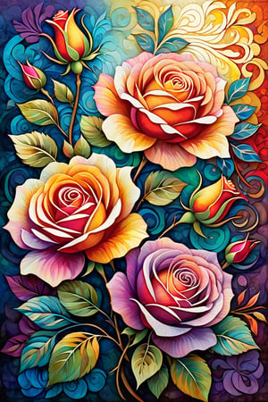 Create a batik-style artwork of roses inspired by David Galchutt's vivid nature art. Multi-layered 3D image. A detailed, colorful flowers with layered petals and dynamic light and shadow interplay. Bold contrasts and intricate batik-like details. Surround the flower with flowing patterns, evoking movement. Use a soft, muted background to highlight the flower's vibrancy.