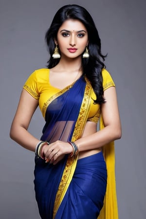 Beautiful attactiv face 18 years yung girl a yellow bra and dark blue indian sari , black hair, good looking body, beautiful background, 
,photo r3al,dal,Indian girl