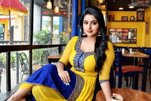 Beautiful attactiv face 18 years yung girl a yellow bra and blue salwar kameez and dupatta, sitting in coffee shop,black hair, good looking body, beautiful background, 
,photo r3al,dal,Indian girl