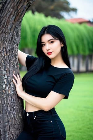 Beautiful attactiv face 18 years yung girl a black t-shirts and black jeans, black hair, good looking body, beautiful background, 
