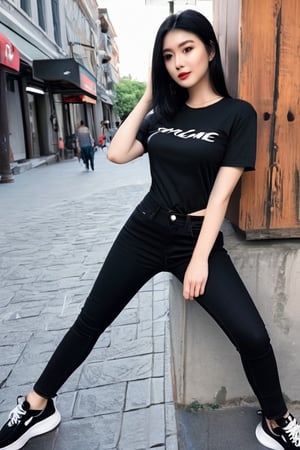 Beautiful attactiv face 18 years yung girl a black t-shirts and black jeans, black hair, good looking body, beautiful background, 
,photo r3al