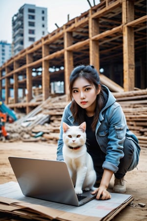 23歲美女，determined eyes, 迷人魅力, worker, construction site, laptop on hands, a cat is sitting beside her 