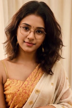 In the positive prompt, the image depicts a young teenage girl with a short height and shoulder-length hair. She wears a maroon saree and small earrings, adding an elegant touch. Holding a guitar, she exudes a sense of passion and creativity. The theme is fashion-forward, with soothing tones and muted colors, enhancing the overall aesthetic. Her Mallu curly hair frames her face beautifully, while her study glasses add an intellectual flair. Despite her lowered head, she maintains a confident gaze towards the camera, capturing the viewer's attention with her charisma and charm. The image's high contrast and soft lighting accentuate her natural skin texture, creating a hyperrealistic portrayal that is both captivating and relatable.