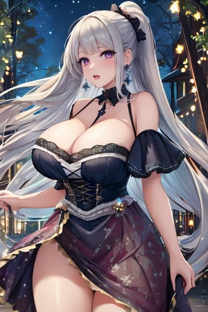 (masterpiece, best quality:1.2), 
1girl, 
(Dynamic pose:0.8), 
(cowboy shot:1.2), 
(from top down:0.5),
(thigh:0.4), 

Ray tracing

Silver hair
braids, pattern,out door, sexy gothic lolita dress, off shoulder, detail clothes, fantasy, magical forest, fliesfireflies 

Earrings

Pony tail

(blunt bangs:1.0),
(very long hair:1.2),


(wind blowing), night,