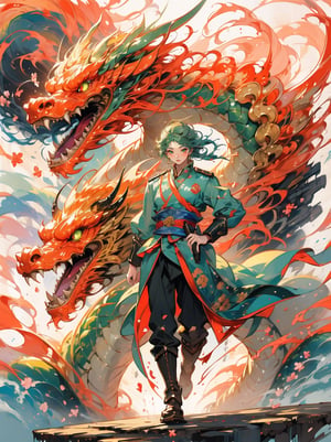 masterpiece, top quality, best quality, official art, beautiful , wind blows, chinese dragon, golden line, (red theme:1.3), ultra-high quality, photorealistic, sky background, dynamic pose, icemagicAI , Lunar New Year, cloud, , vibrant blossoms bloom, cyberpunk, 1man Soldier, Wearing camouflage uniform, green and black, Holding a gun, stand on the dragon,