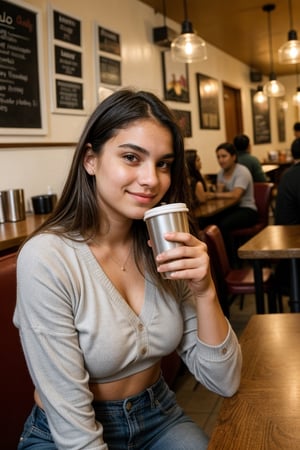  1girl, a 19-year-old student, latin, sitting in coffee shop, holding a cup, cinemetic, grey hairs, wolfcut mid length, cute, evening