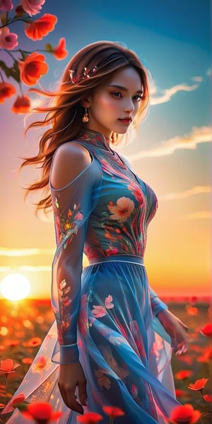(1girl, white floral skirt, photo of perfecteyes eyes, alluring smile, beautiful small hands, attractive pose, sunset, soft light in background), masterpiece, best quality, high resolution, UHD, realism, realistic, depth of field, wide view, raytraced, medium breast, belly button, full length body, mystical, luminous, translucent, beautiful, stunning, a mythical being exuding energy, textures, breathtaking beauty, pure perfection, with a divine presence, unforgettable, and impressive.