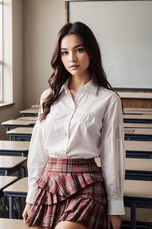 (1girl, teacher, white shirt, plaid tiered skirt, in classroom, beautiful small hands, photo of perfecteyes eyes, sexy pose), masterpiece, best quality, high resolution, UHD, realism, realistic, depth of field, wide view, raytraced, full length body, mystical, luminous, translucent, beautiful, stunning, a mythical being exuding energy, textures, breathtaking beauty, pure perfection, with a divine presence, unforgettable, and impressive.