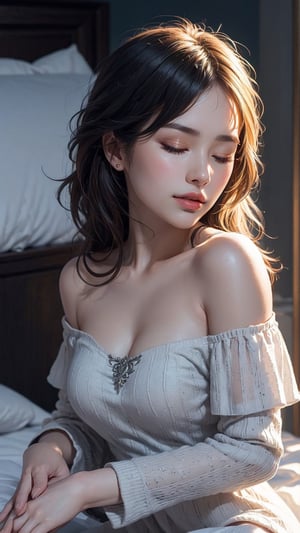 (1girl, off shoulder dress, eyes closed, sleep, big white bed, no light in background), portrait, masterpiece, best quality, high resolution, UHD, realism, realistic, depth of field, raytraced, medium breast, mystical, luminous, translucent, beautiful, stunning, a mythical being exuding energy, textures, breathtaking beauty, pure perfection, with a divine presence, unforgettable, and impressive.