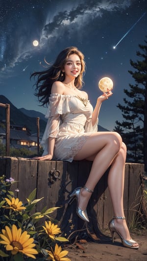(1girl, off shoulder dinner dress, photo of perfecteyes eyes, happy, laugh, look at viewer, starry night, on the hill, moon light in background),full body shot, sitting, masterpiece, best quality, high resolution, UHD, realism, realistic, depth of field, raytraced, medium breast, mystical, luminous, translucent, beautiful, stunning, a mythical being exuding energy, textures, breathtaking beauty, pure perfection, with a divine presence, unforgettable, and impressive.