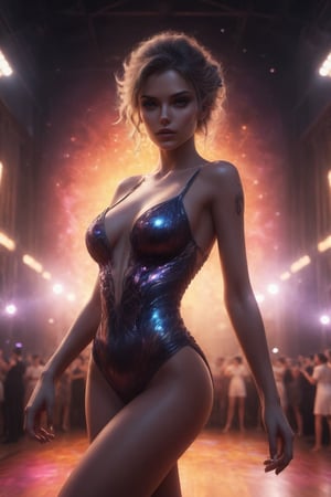 (1girl, off shoulder dinner dress, photo of perfecteyes eyes, attractive dacing pose, look at viewer, disco, dance floor, colorful light in background), masterpiece, UHD, realism, realistic, depth of field, wide view, raytraced, medium breast, belly button, full length body, mystical, luminous, high resolution, sharp details, translucent, beautiful, stunning, a mythical being exuding energy, textures, breathtaking beauty, pure perfection, with a divine presence, unforgettable, and impressive.
