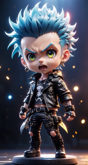 (a Male punk rockstar in Marvel ), small and cute, (eye color switch), (bright and clear eyes),  sing and screaming,  open mouth , anime style, depth of field, lighting cinematic lighting, divine rays, ray tracing, reflected light, glow light, side view, close up, masterpiece, best quality, high resolution, super detailed, high resolution surgery precise resolution, UHD, skin texture,full_body,chibi