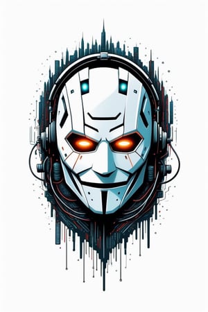 Leonardo Style"Immerse yourself in the gritty world of cybercrime, where hackers manipulate code with ease and floating lines of code light up the dark corners of the digital realm." Solid white Background" , Looking at viewer, vector, flat, 2D,Cybermask