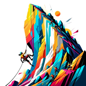 vector art tshirt print design (on a white background:1.2), digital art of an exhilarating rock climbing competition on a colorful cliff face, (abstract style:1.2), vibrant shapes, dynamic compositions, adventurous spirit, 4k, masterpiece.
