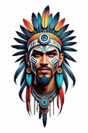 Leonardo Style "Let your creativity run wild with a full-color, stylized Futuristic Shaman character design for a t-shirt,  Insane resolution , rendered in a unique and interesting Indonesia tribe style that will make a statement. Solid white Background" , Looking at viewer