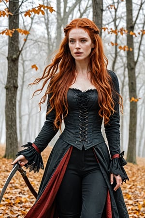beautiful young woman with long red hair, freckles, wears the clothes of a vampire hunter, van helsing, dynamic pose, Victorian clothes, black and red scales, silhouettes, watercolor, highly detailed, white background with golden leaves —ar 3:2