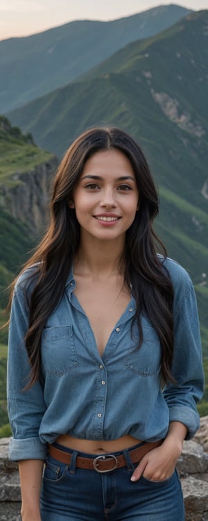 (masterpiece, best quality, ultra-detailed, 8K),high detail, realisitc detailed,
a beautiful young girl with long flowy black hair over shoulders in the dark, jeans outfits,   brown eyes, pale soft skin, kind smile, glossy lips, a serene and contemplative mood, setting on the top of the mountain, some people walking in the street. making Victory Hand Gesture,