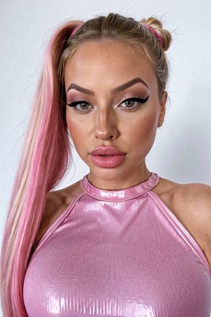 (Best quality, 8k, 32k, Masterpiece, UHD:1.2), barbie doll with blonde hair, perfect pony tail hairstyle with pink streaks, makeup, plastic doll, detailed plastic body, wearing a tight pink Latex catsuit, loafers, hyper-realistic cg, unreal engine, DollMe,Meg Griffin,Sexy Big Breast,Claudia chiffre,breasts,Chubby,b1mb0,meredith_zr2_v2,Plump, full_body, White Background ,horny,Big Nipples, gigantic sagging breasts,mavis dracula,green shirt,double bun,jessicarab,JessicaWaifu