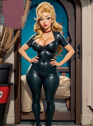 A beautiful dutch woman, with blonde long hair, brown eyes, small breasts, wearing a black T-shirt, black leather jacket and black leather trousers, black clothes, bare midriff, hands on hips,  photorealistic, Thick lipps, Thick eyelashes, masterpiece,realistic,portrait,spread legs,ass,butt,dressed,sexbodysuit,black pantyhose,black_footwear,loafers ,Realism,Portrait,Milf,Raw photo,sexswimsuit,body stockings,Realistic,Anime Style,venusbody,b1mb0,cartoon,poidef, heterochromia,Boltedgoddess, purple eyes,margsimp