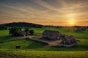 village farm, sunset time