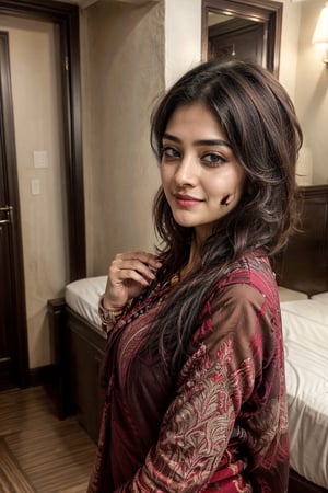 Lovely cute young attractive teenage girl, city girl, 14 years old, cute, an Instagram model, long black_hair, colorful hair one side, shy smile, black red salwar kameez, in hotel rooms with boyfriend 