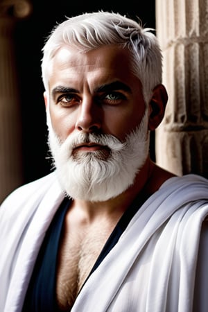 portrait, short cropped white hair, full bushy big white beard, bushy beard, white toga, greek male
BREAK 
black eyes 
