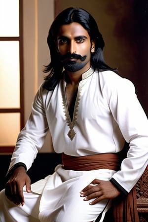 portrait, long black straight hair, small black mustache, trimmed black beard, indian male, traditional white indian clothes

