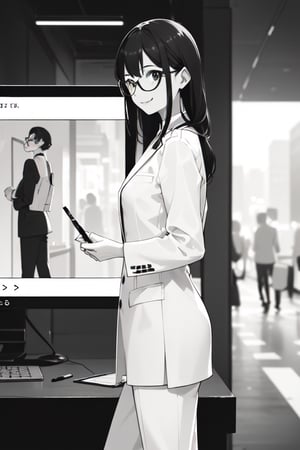 professional woman walking down the streets of New York city with a smile, carrying purse, wearing white suit, medium shoulder length black hair, white shirt, monochrome, black glasses, side profile, view from side, (holding pen, facing left side of screen:1.5)