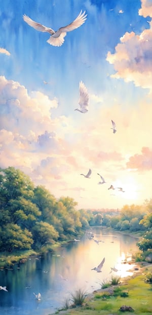 With realistic textures, a watercolor painting shows a flock of birds flying over a river at sunset.