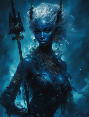Hyperreal hyperdetailed gorgeous drow goddess with a sword, on bioluminescent navy black stormy galaxy, white flowing hair and elegant pointed ears, dark skin, gorgeous eyes, large breasts, slightly parted lips, long eyelashes, transparent, smoky, ghostly, dreamlike, fractal, magic, mist, concept art, Carne Griffiths and Wadim Kashin, dynamic lighting, hyperdetailed, intricately detailed, splash screen art, trending on pinterest, deep color, volumetric lighting, post processing, intricated pose, dynamic lighting, lights, digital painting, highly detailed, cute, filigree, intricated, best quality, by kentaro miura, Geof Darrow, Russ Mills, Sakimichan, dramatic atmosphere, masterpiece, 8k, Decora_SWstyle, decora_tech, decora_lines, decora_flow, ,oil paint ,real_booster