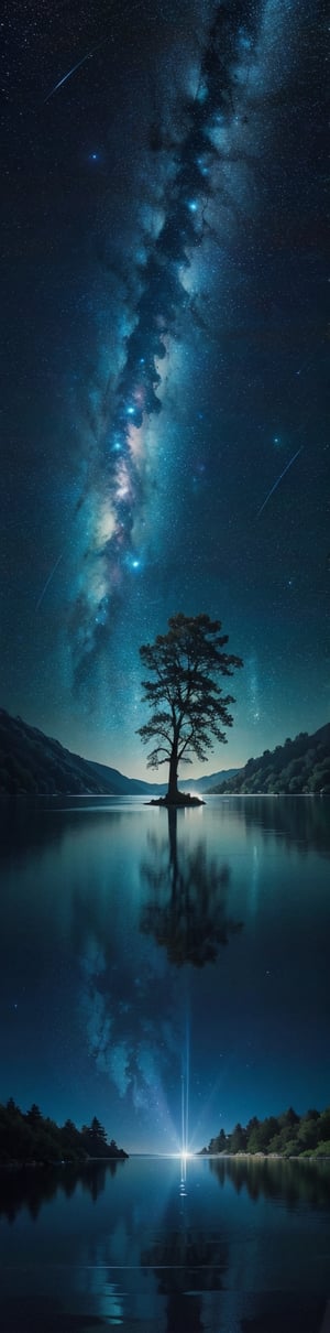 At midnight, the lake turns into a mirror, reflecting the infinity of the galaxy. Fantastic glowing creatures swim beneath the surface, creating shimmering waves. The trees surrounding the lake are lost in the darkness, only occasionally silhouetted against the background of stars. This vision is so realistic that it seems as if you can touch the sky. Every detail of the image is clear and vibrant, as if captured with a high-definition camera.