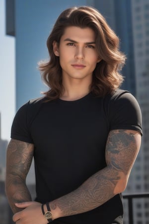 Create an image of a person looking at the camera, with voluminous wavy brown hair highlighted by sunlight, against a blurred urban background. Includes detailed elements such as a tattoo on the left arm in dark ink with red accents and earth-toned clothing with prints.